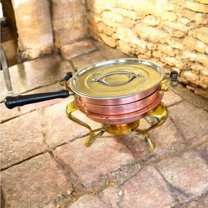 Vintage Copper & Brass Chafing Dish Warming Pan Wood Handles Stand